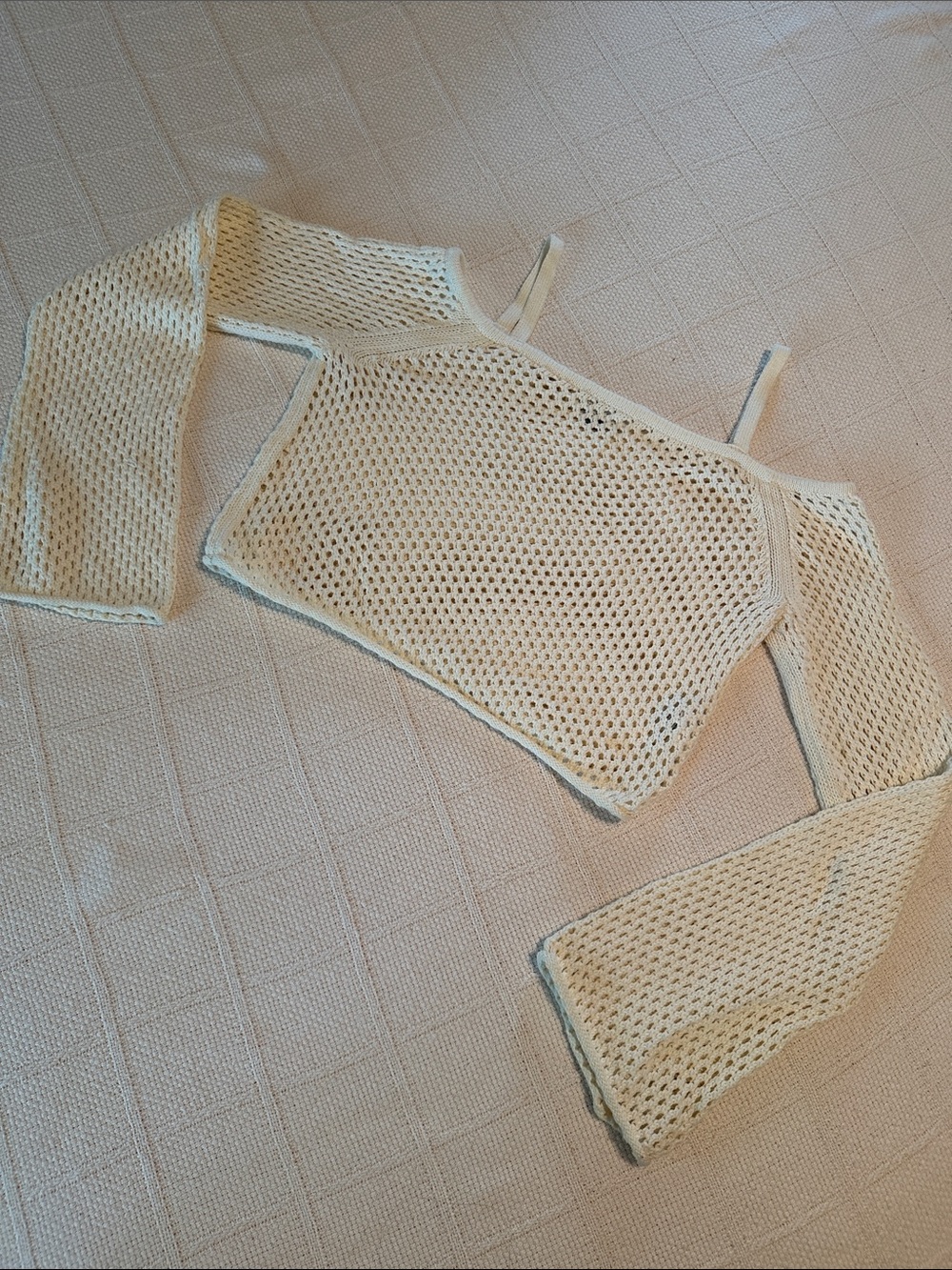 American Eagle Outfitters Cream Off-Shoulder Open-Knit Sweater Top